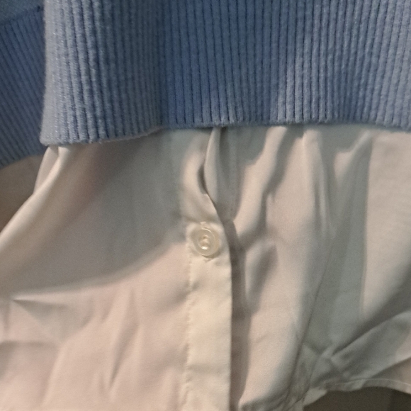 Women's Blue Plaid Sweater with White Layered Shirt - Picture 4 of 4